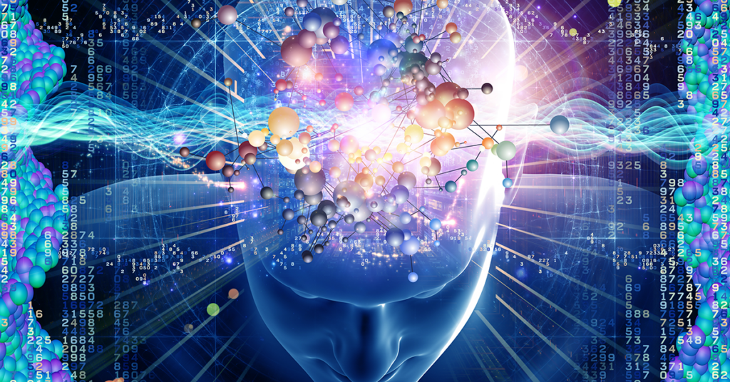 Digital illustration of a man’s head showing the brain and neural activity, representing focus, mental energy, and attention in golf performance